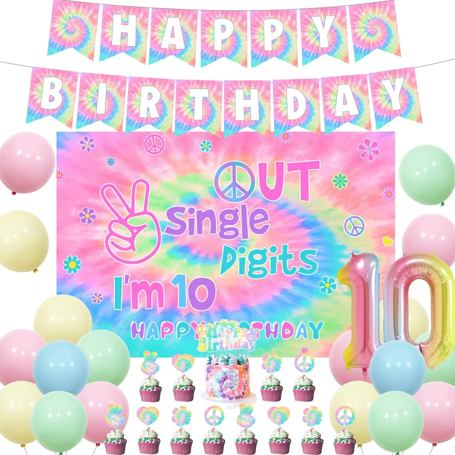 1Set Tie Dye 10th Birthday Decorations for Girls Peace Out Single Digits Im 10 Pastel Macarons Backdrop Balloons 60s 70s Hippie Theme Tenth Birthday Party Supplies for 10 Year Old Girl