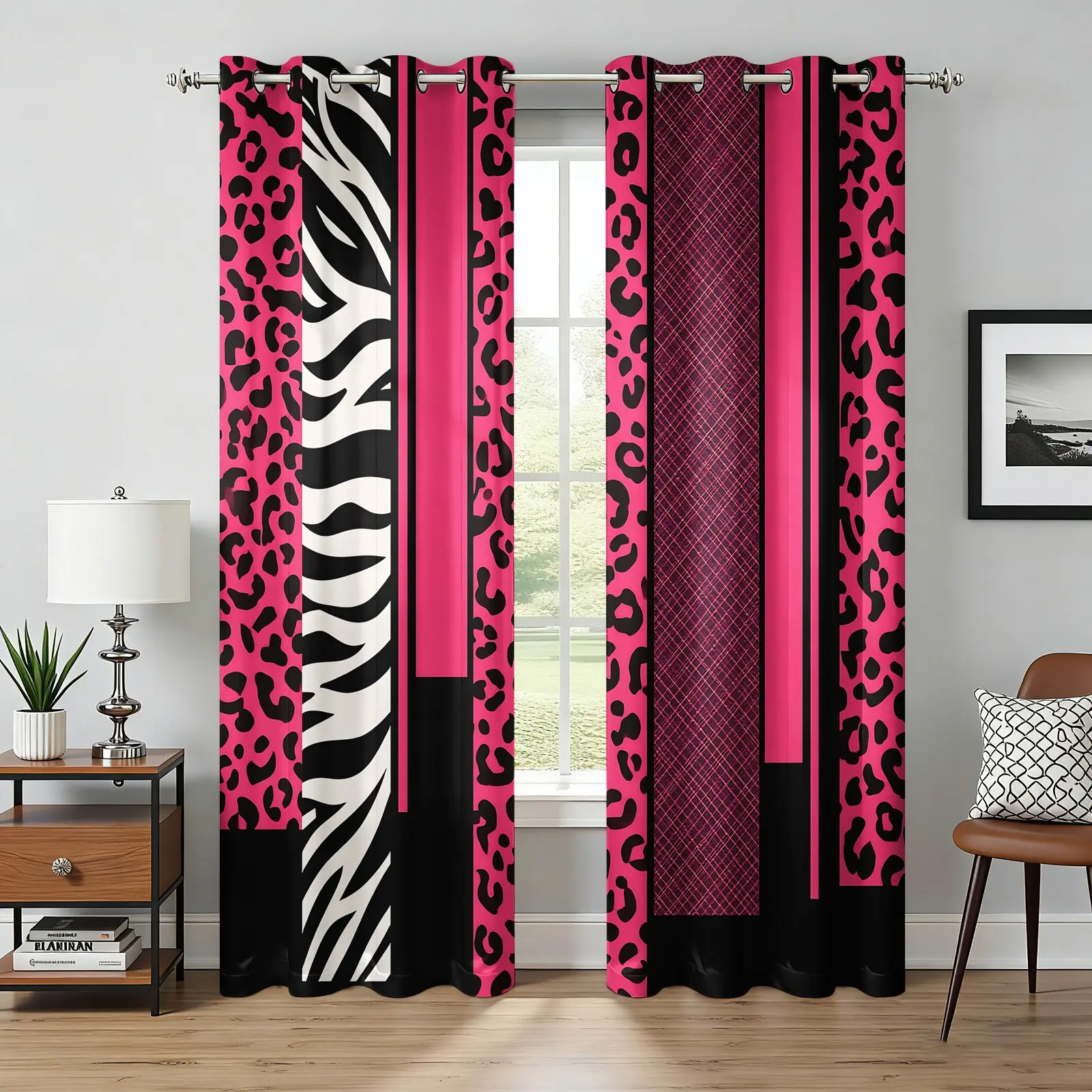 2-Piece Vintage Hot Girl Contrast Animal Spliced Print Blackout Curtains, Punch-Free Grommet Design, Washable Polyester For Heat And UV Blocking, Rod Not Included. Suitable For Bedrooms, Living Rooms And Studies, Stylish Y2K Millennium Home Decor