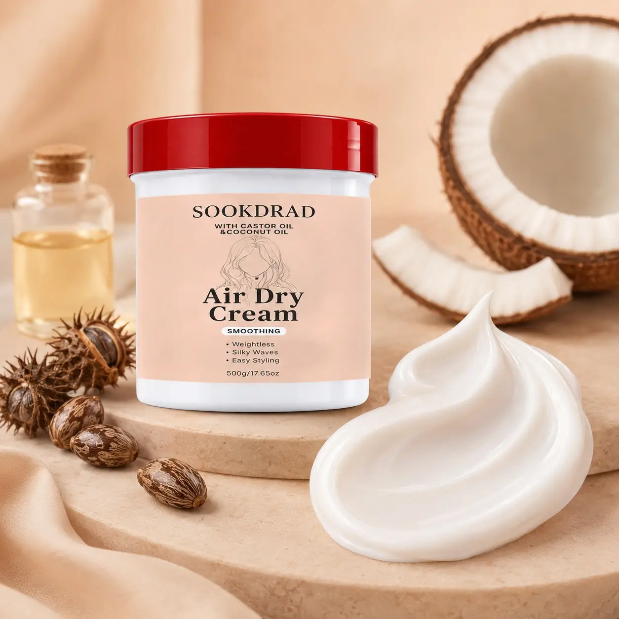 Air Dry Cream, With Castor Oil and Coconut Oil, Weightless, Silky Waves, Easy Styling, Smoothing Hair Cream, 500g