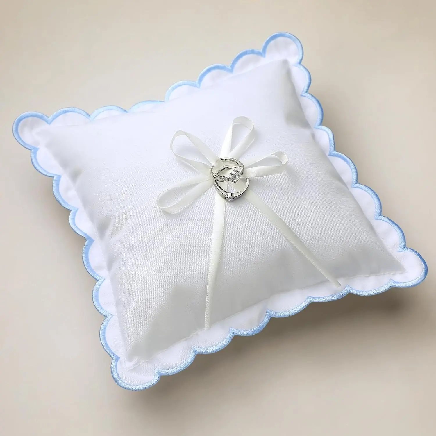 Wedding Ring Pillow 9 x 9 Inch Blue Scalloped Ring Bearer Pillows with Bow Cotton Linen Bearer Cushion for Proposal Wedding Party Ceremony