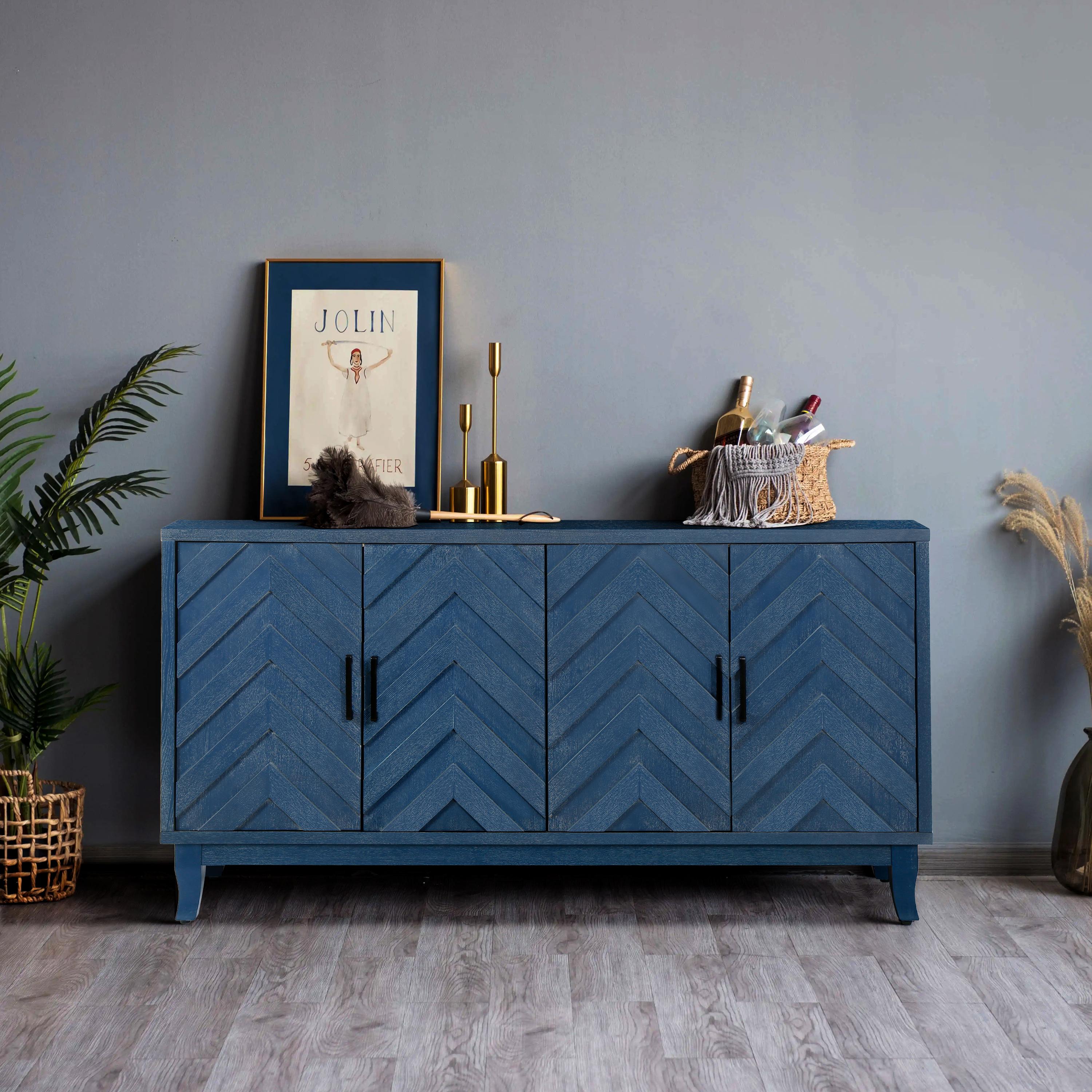 Retroy Vintage 4-Door Credenza Cabinet - 60" Navy Blue Storage Buffet with M-Shaped Panel Doors, Solid Wood Base for Dining Room & Living Room