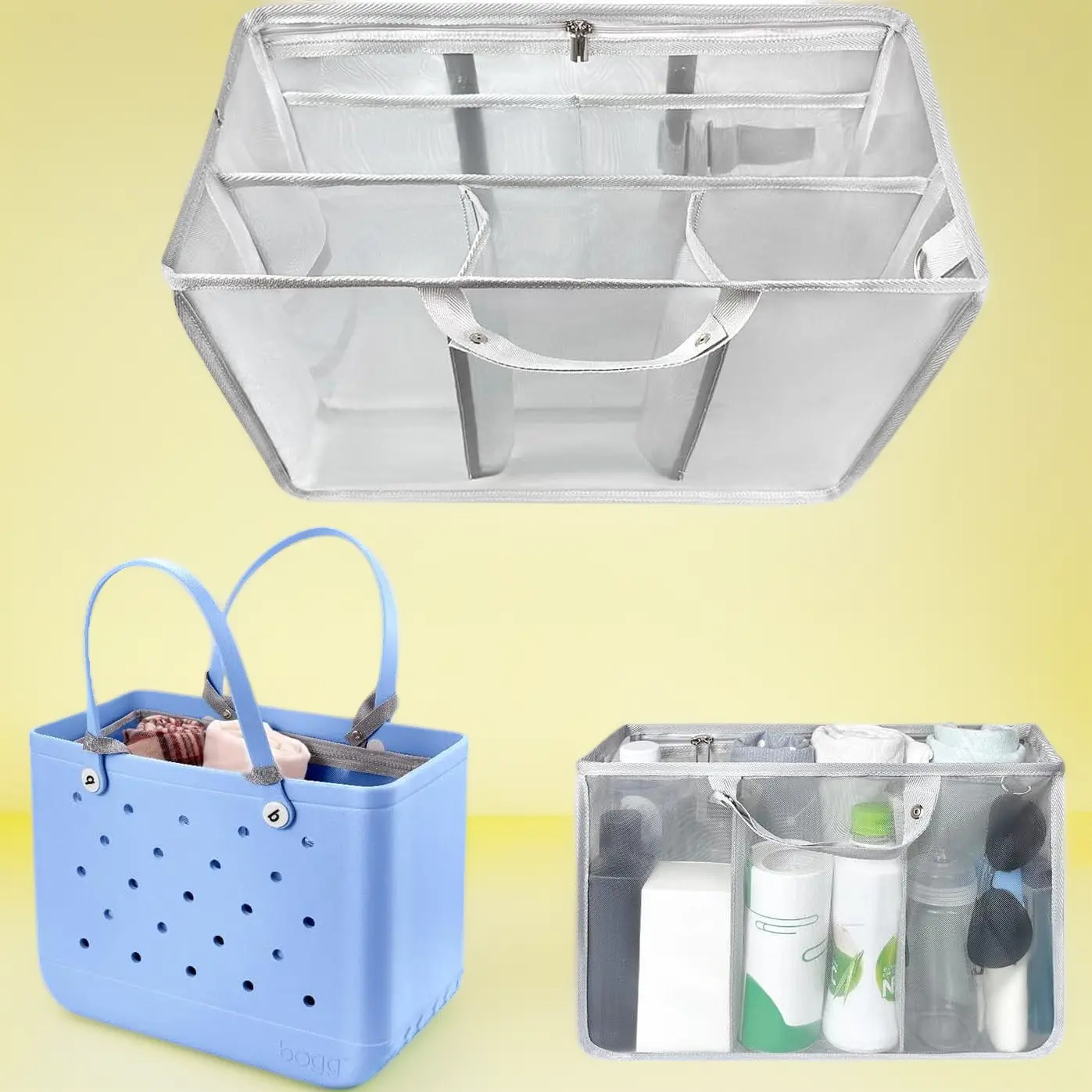 Gray Beach Bag Organizer Insert - Storage Organization, Organizer Storage for Large Simple Modern Bags, 8 Removable Metal Fasteners, Lightweight Mesh Divider Pouch, Space-Saving Rubber Tote Accessory, Bag Inserts