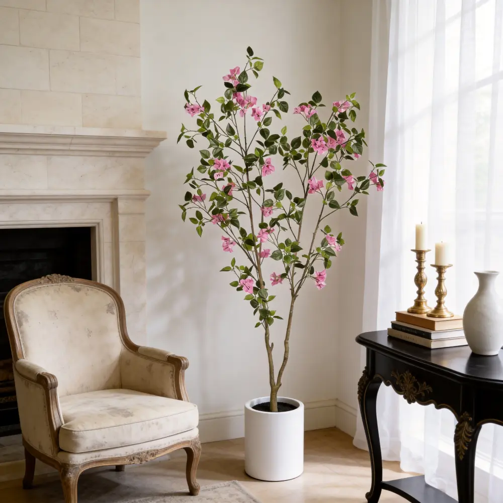 6FT Artificial Bougainvillea Tree, Realistic Faux Flowering Tree with Black Plastic Pot, Pink Fake Potted Plant for Living Room, Bedroom, Office and Entryway Decor, 1pc/set