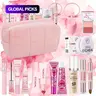 11-Piece Pink Makeup Gift Set with Cosmetic Bag | Foundation Mascara Brow Gel Setting Powder Lip Gloss Color-Changing Lip Oil Temperature-Shifting Blush Dual-Ended Contour Stick Beauty Blender Pink Hair Tie | Complete Holiday Beauty Kit for Her