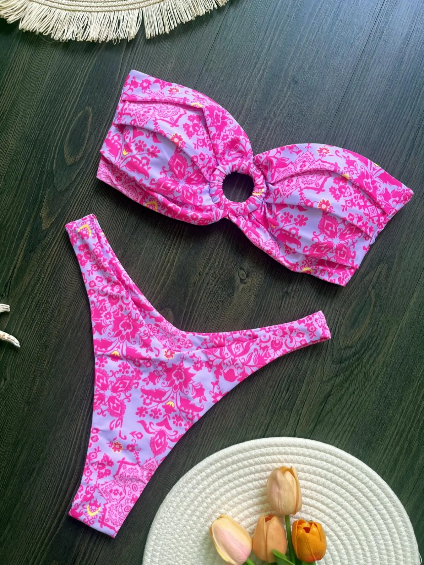 Women's All Over Print Bandeau Bikini Set, Bikinis Set, Summer Beach Bikini, High Stretch Tie Back Backless Strapless Swim Top & High Cut Swim Bottom Two-Piece Swimsuit for Beach Holiday Vacation