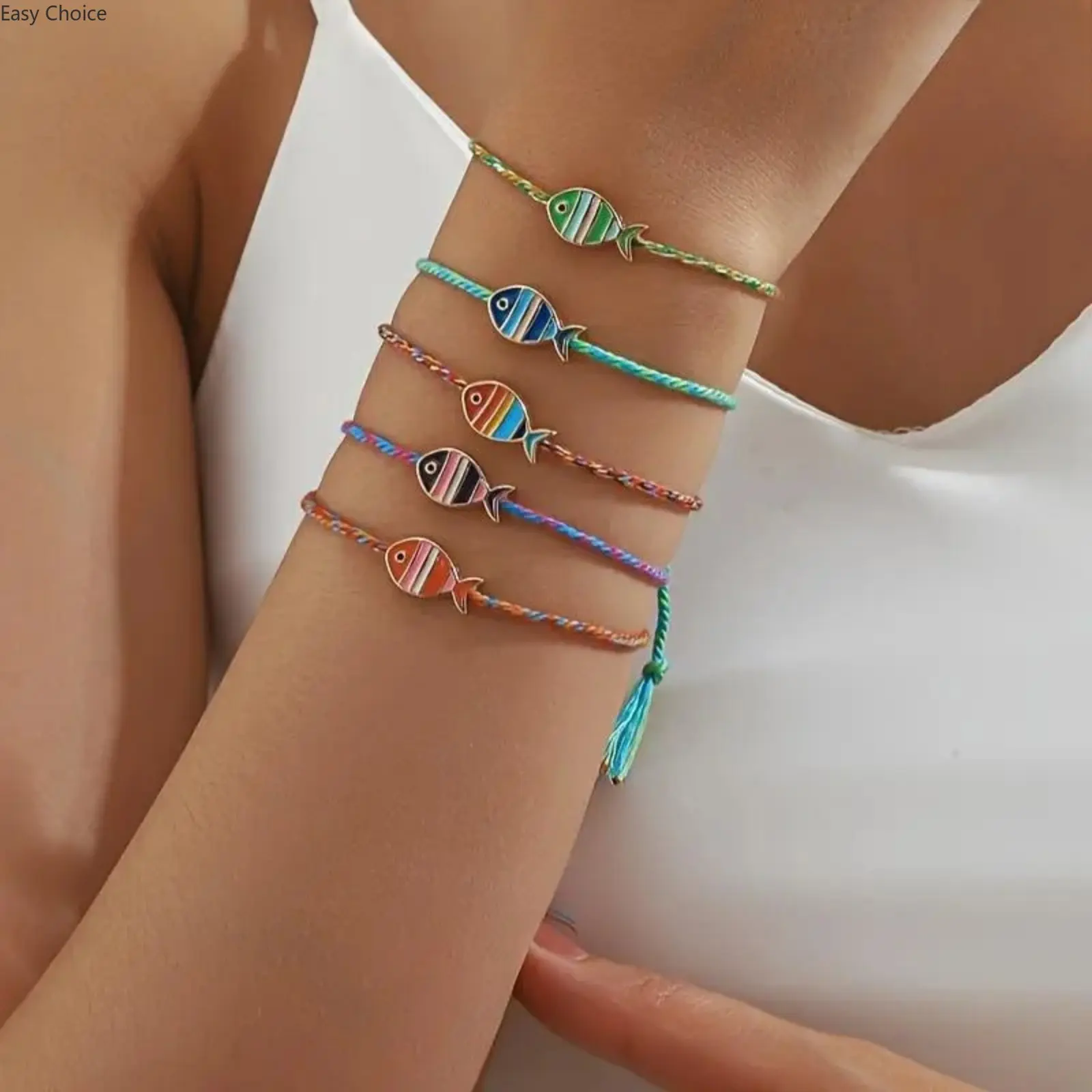 Women's 5-Piece Boho Bracelet Stacks, Handwoven Beaded Bangles With Colorful Fish Charms, Adjustable Fashion Costume Jewelry, Trendy Boho Ornaments Perfect For Beach Vacation, Daily Casual Outfits And Holiday Styling
