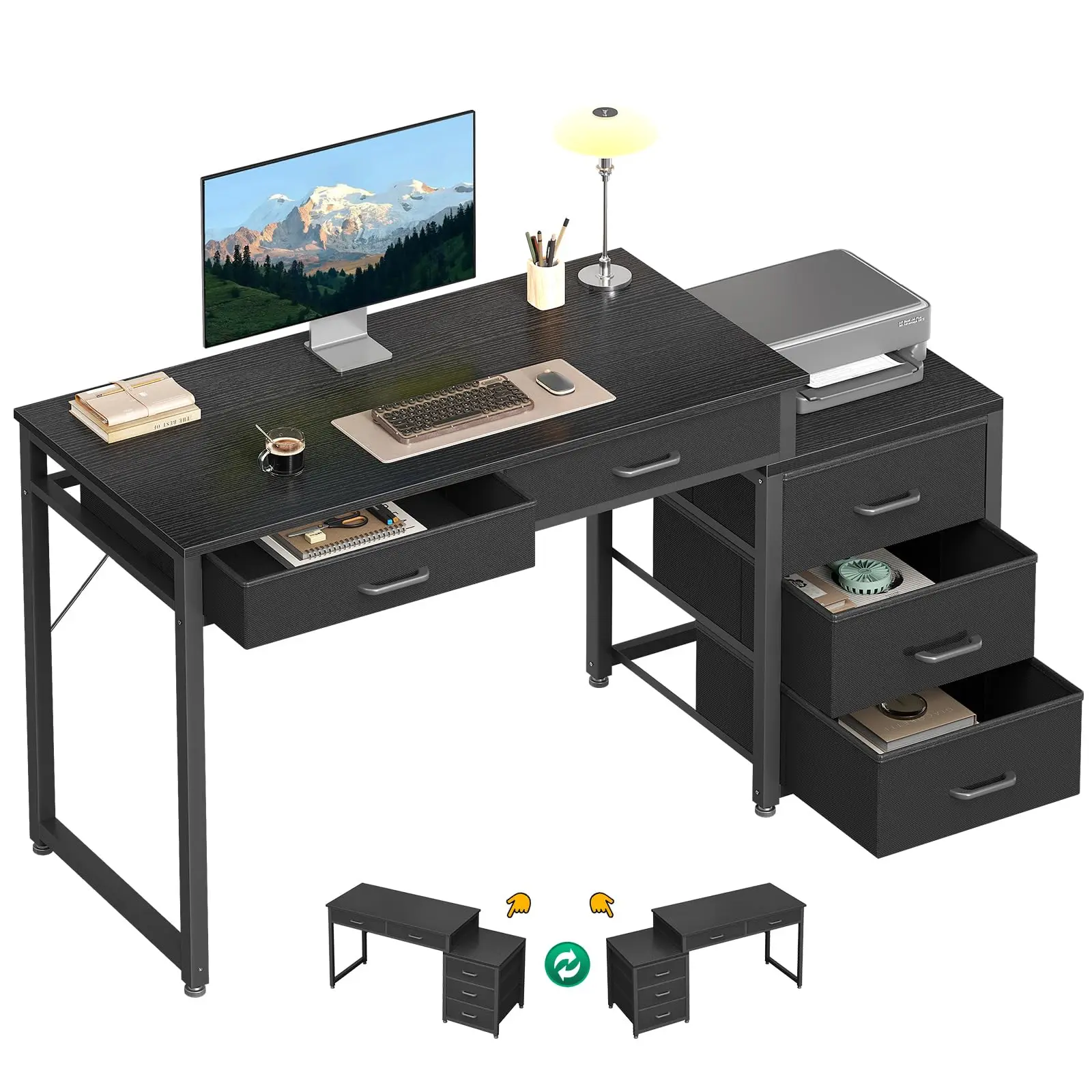 AODK 53" Computer Desk with 5 Drawers & Printer Shelf, Reversible Home Office Desk with Large Storage, Writing Table, Rustic Brown