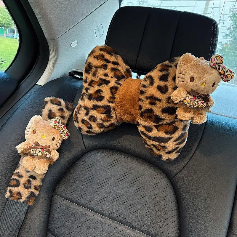 Y2k Kawaii Hellokts Plush Car Headrest Anime Fashion Girls Soft Winter Leopard Print Kittys Pillow Seat Belt Shoulder Strap Toys