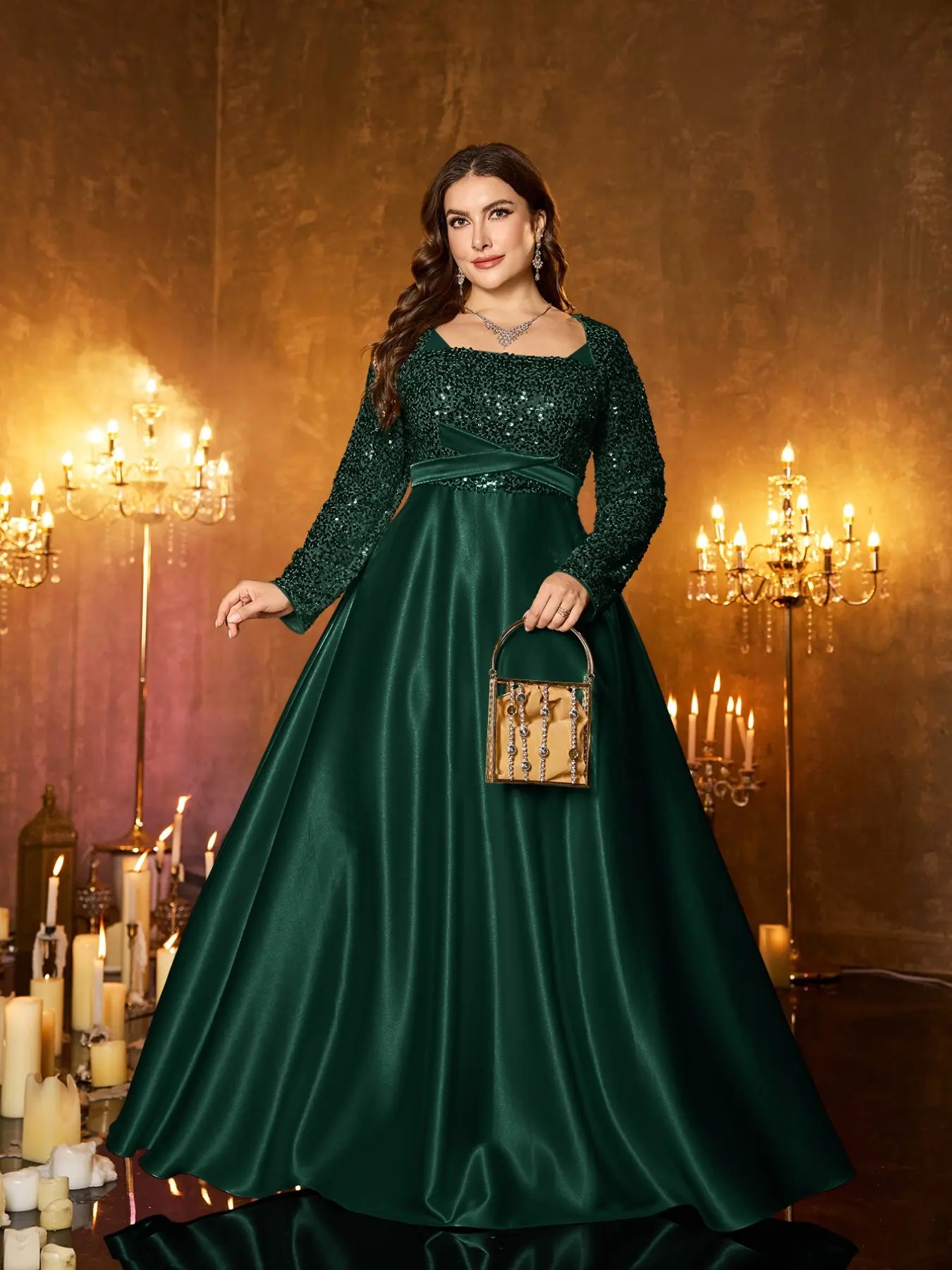 Plus Size Sequined Satin Dress, Square Neck Long Sleeve A-Line Evening Gown, Elegant Party Wear, All-Season Fitted Design