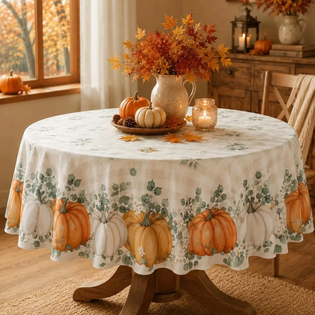 Autumn Pumpkin Eucalyptus Cream Tablecloth, Round Plaid Design, Kitchen Dining Decor, Thanksgiving Harvest Party Decoration