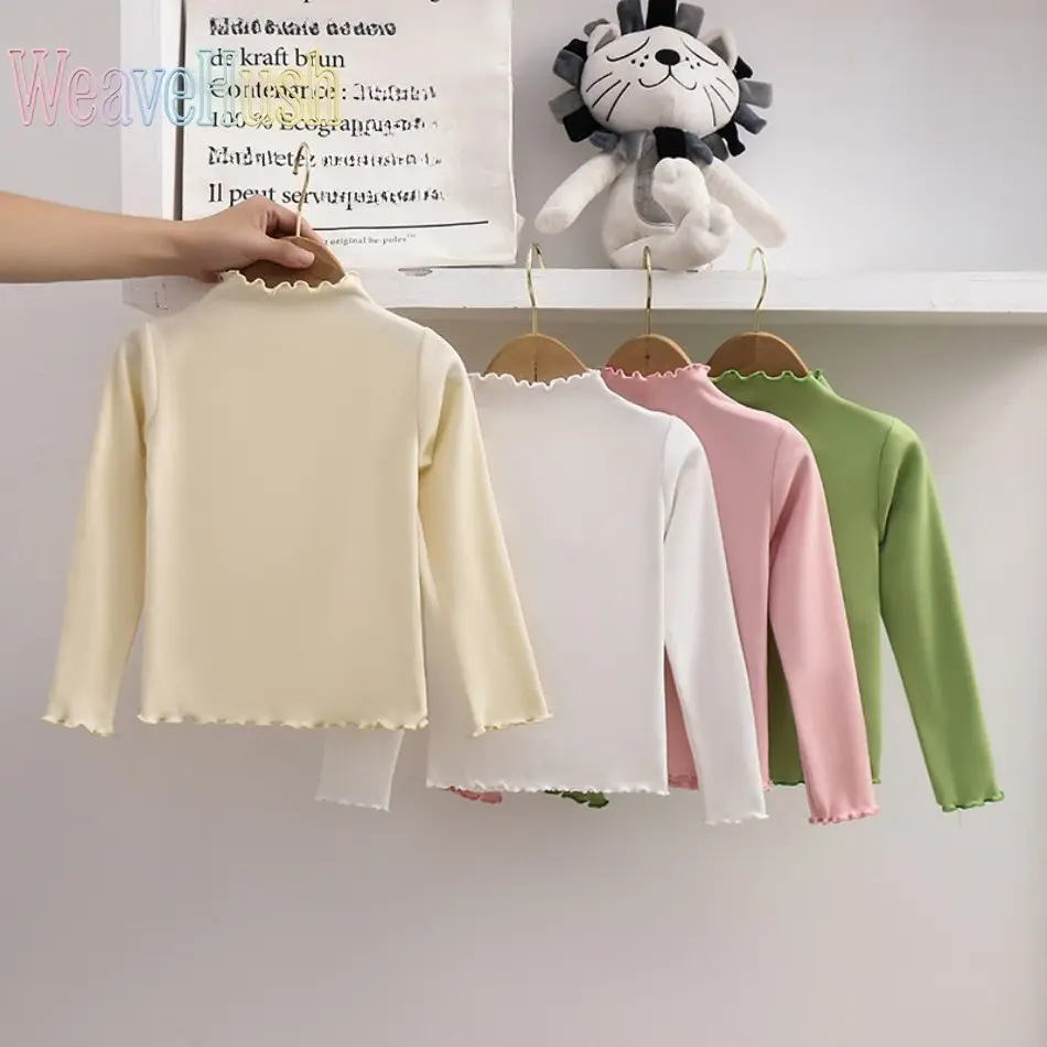 New Girls Autumn‑Winter Base Layer Top, Solid Color Ruffle Trim Long‑Sleeve T‑Shirt, Versatile Casual Tee for Big Kids & Pre‑Teen Daily Outfits