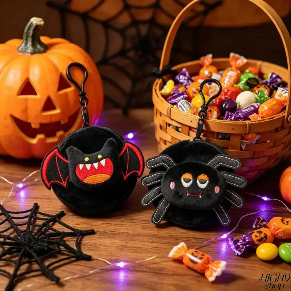 Soft Velvet Mini Zipper Pouch with Halloween Bat & Spider Plush Decorations, Hook Clasp for Backpack/Handbag Hanging, Holiday Multi-Use Storage Bag for Coins, Candies, Earbuds & Small Daily Accessories, Adorable