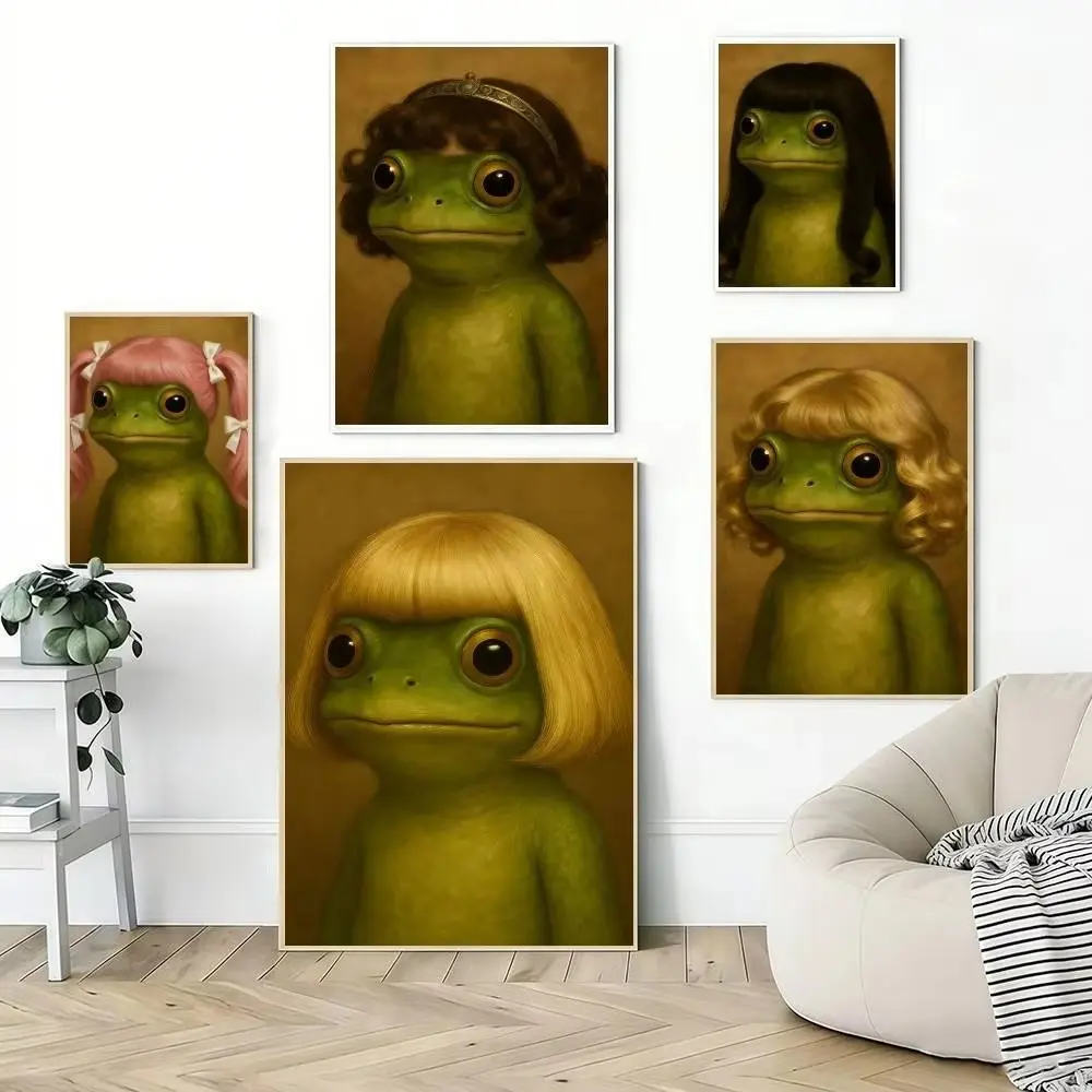 Whimsical Wig-Wearing Frog Artistic Canvas Poster, Unframed Funny Decor, Home Supplies for Living Room, Bedroom Decor, Whimsical Room Decor