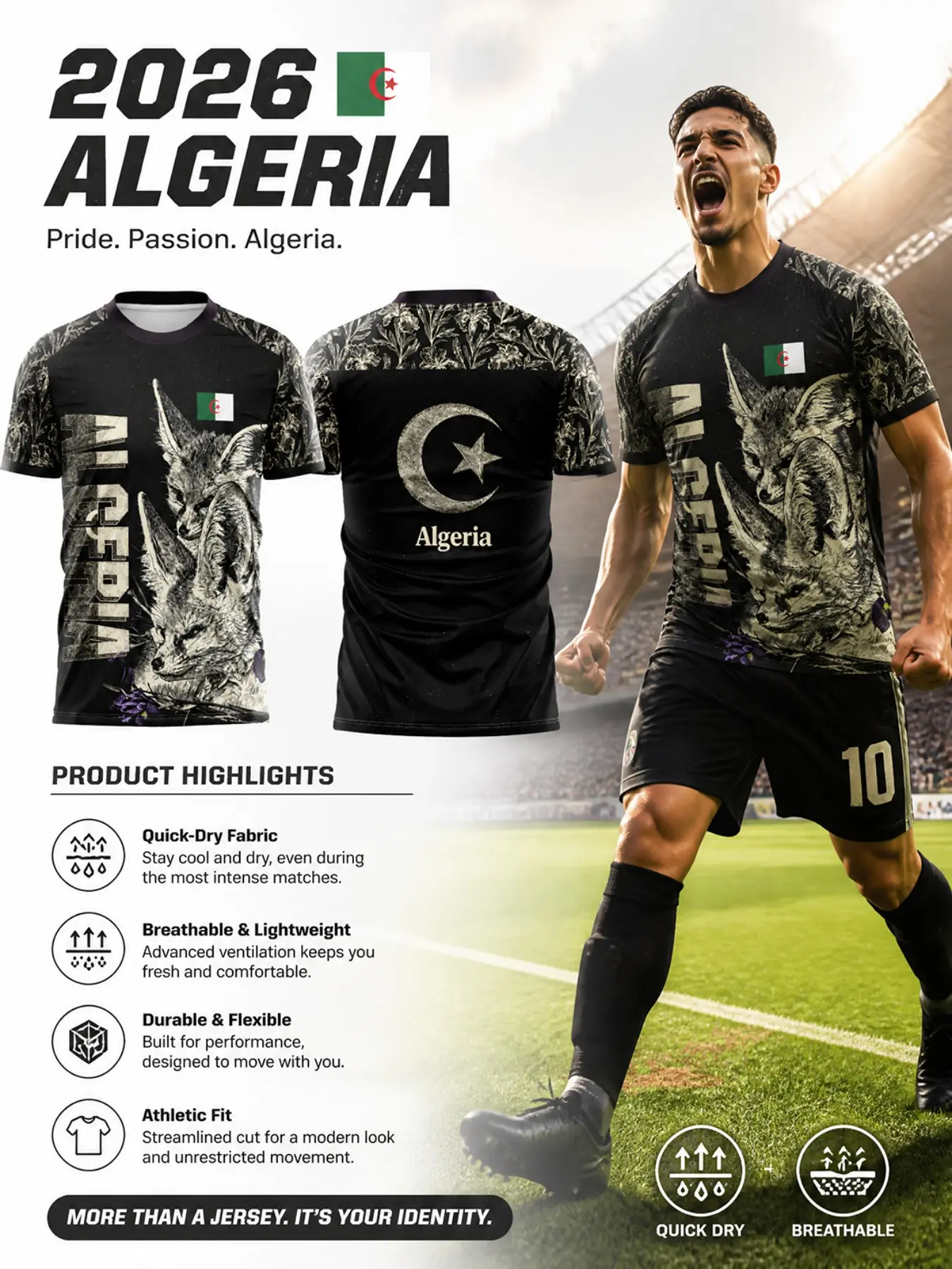 2026 Algeria Soccer Jersey, Fennec Fox Pattern Football Shirt for Men, Quick-Dry Fabric Breathable Lightweight Sports Tee Algerian Fan Gear