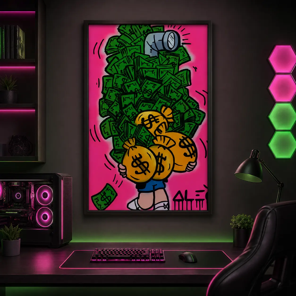 Pink Money Bag Poster, Urban Street Pop Art Wall Print, Colorful Graffiti Money Decor for Bedroom, Office, Game Room and Man Cave
