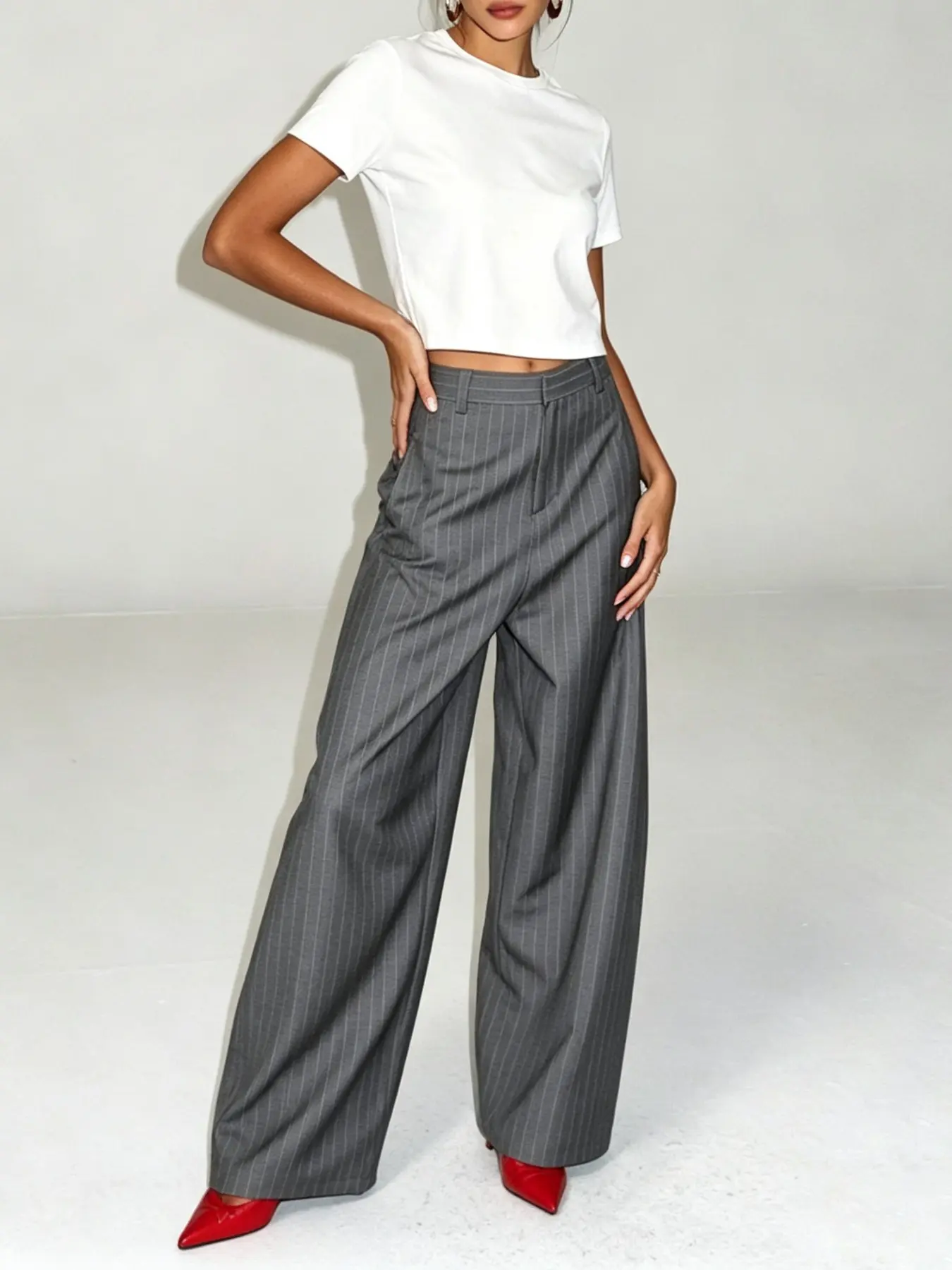 Women's Striped Retro Commuter Design Versatile Slimming Elastic Waist Wide Leg Pants, Trouser, Loose-Fitting, Baggy, Fashionable and Comfortable
