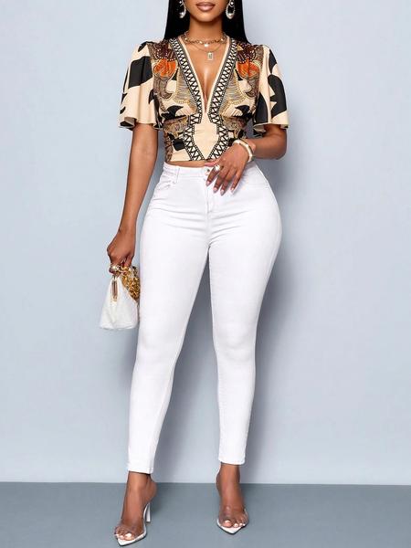 Women's All Over Print Top, Casual V Neck Top for Spring & Summer, Women's Clothing for Daily Wear, Blouse