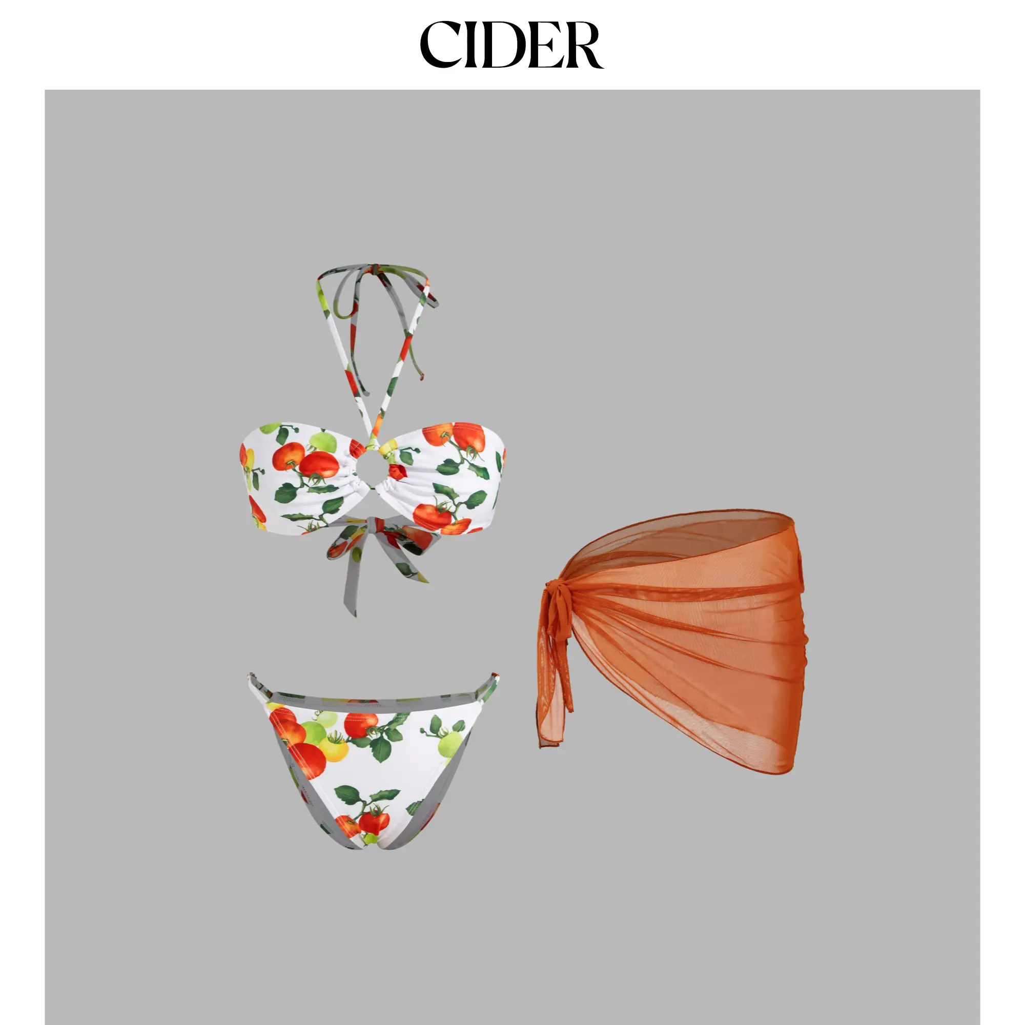 Cider Multi-way Halter Neckline Tomato Knotted Bandeau Thong Bikini Set With Sarong