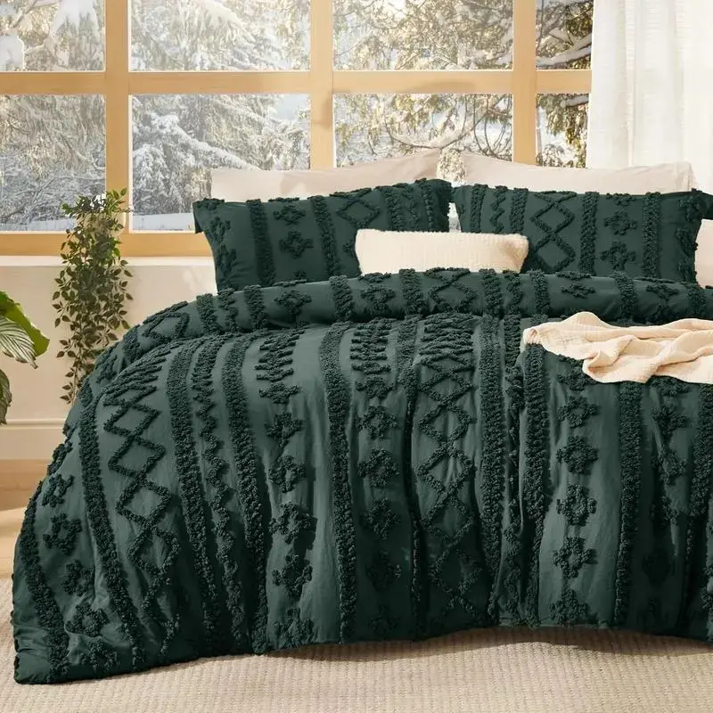Tufted Boho Comforter King Size - Emerald Green Boho, Farmhouse Embroidery, Gifts for Woman, Jacquard King Comforter for Seasons