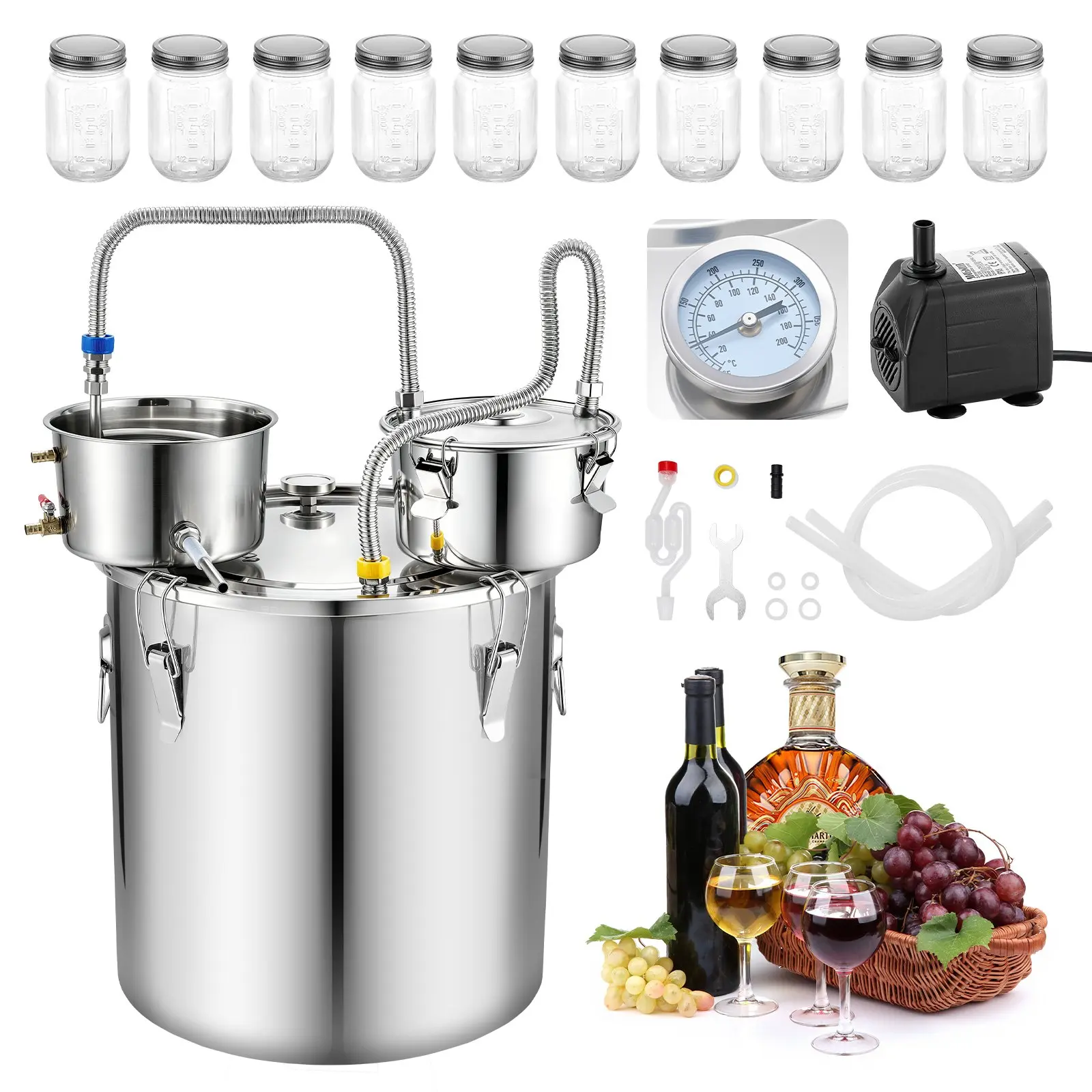 VEVOR Stainless Steel Alcohol Still, 13.2 GAL/50L Alcohol Distiller with Cooling System, 10x16oz Glass Jars, Thumper Keg, Dual-Scale Temp Thermometer, Water Pump, Home Brewing Kit for DIY Whiskey Wine