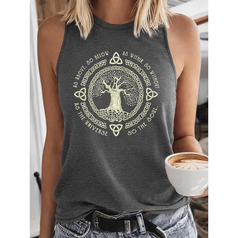 Women's 2026 New Fitted Crew Neck Spandex-Rayon-Elastane-Cotton Stretch Graphic Tank Top, Lightweight Drape, Celtic Tree Of Life Mystical Nature Spirit Tee, Sleeveless Knot Design, Vacation Wear, As Above So Below, Do Not Dry Clean