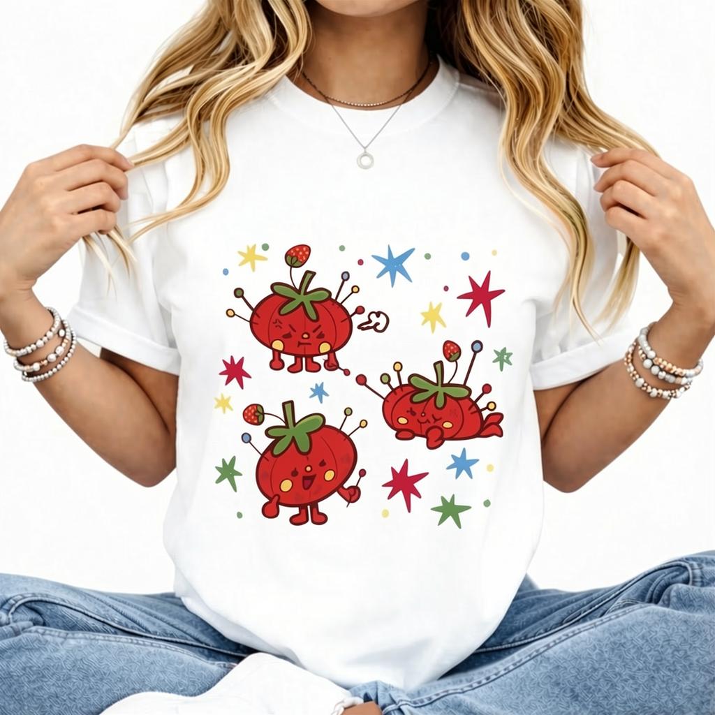 Washed, Cute Tomato Party Print T-shirt, High-quality Batik Vintage Fashion Brand T-shirt, Unisex T-shirt, Popular Daily Wear T-shirt, Holiday Gift, Perfect Present