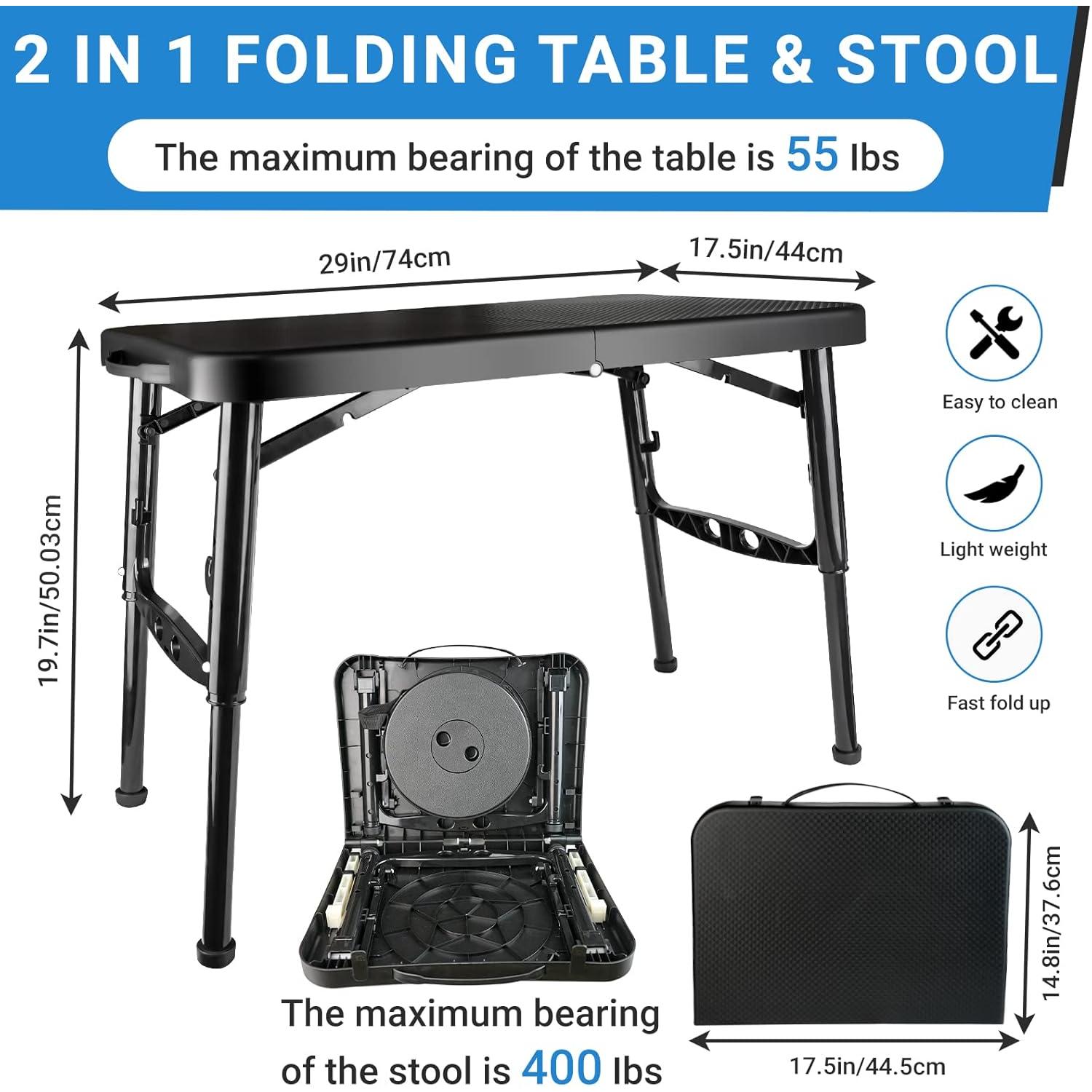 Portable Folding Table and Stool Set, Lightweight Foldable Table & Collapsible Stool for Camping Picnic Beach Fishing, Sturdy Small Outdoor Table with Mesh Layer Storage