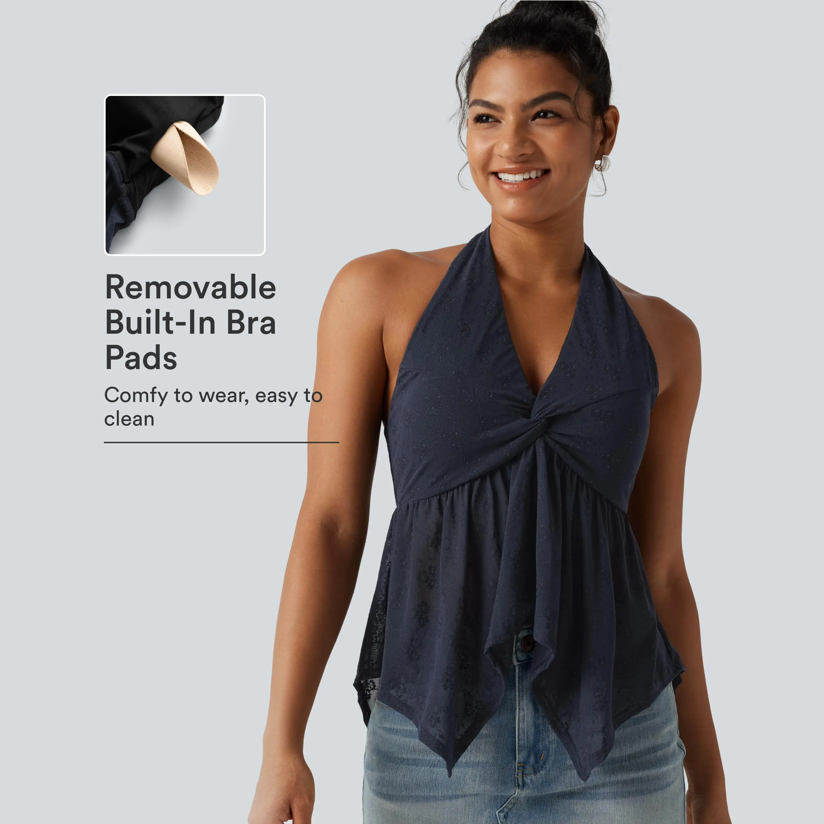 Halara Halter Backless Ruffle Hem Built-in Bra Casual Lace Blouse