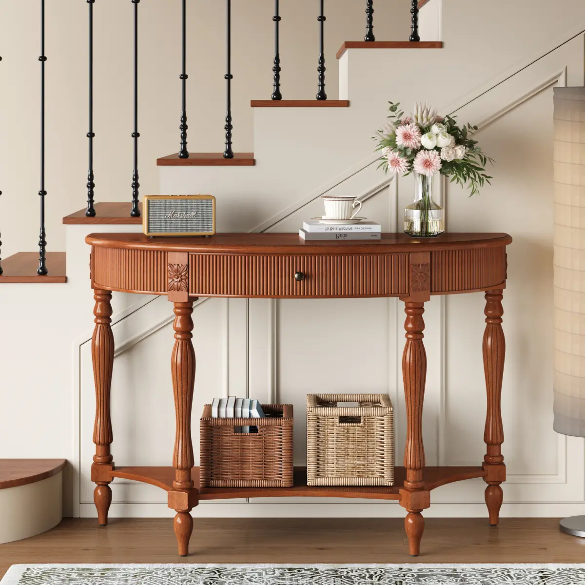 Rustic Brown Solid Wood Half Moon Console - Fluted Vintage Curved Design with Drawer+Shelf, Roman Column Carved Legs, Sturdy Slide - Narrow Space Ornate Wooden Living Room Furniture for Entryway, Natural Wood Home Aesthetic adjustable fabric