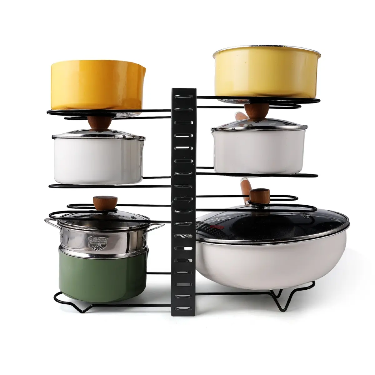 Adjustable Pot Rack Organizer for Kitchen Cabinets & Countertop,  Pan & Lid Holder with 3 Setup Options,  Space-Saving Kitchen Storage