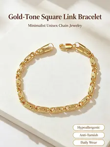 Gold-Tone Square Link Chain Bracelet, Hypoallergenic Anti-Tarnish Copper Interlocking Loop Bracelets for Men Women, Minimalist Sleek Daily Commute Jewelry, Unisex Stylish Accessory, Birthday Holiday Gift For Him & Her，StackableMustHave MinimalistBracelet