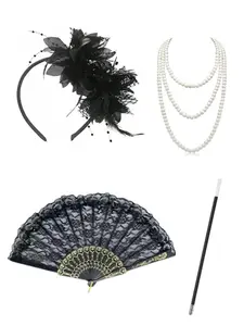 1920s Jazz Age Women's Costume Set, Includes Lace Fan, Feather Headpiece, Long Gloves, Halloween Decor, Opera Party Accessories