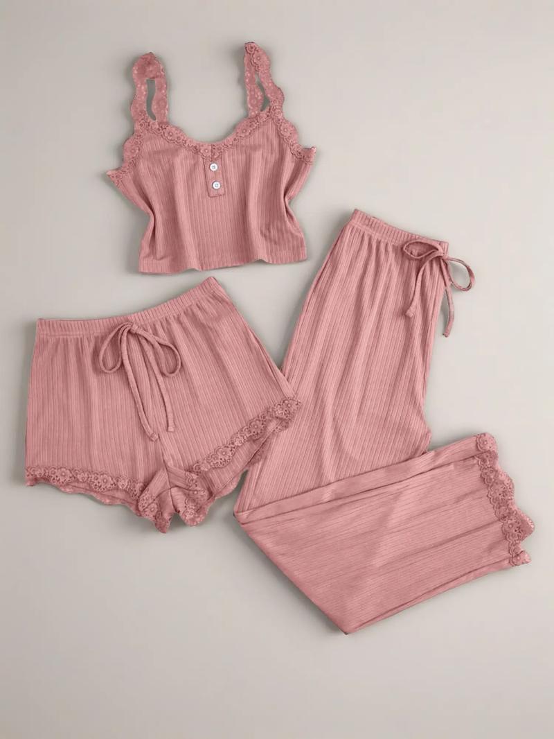 Women's Sleepwear Set, Three-Piece Round Neck Lace Trim Pajamas, Soft Breathable Comfort Casual Home Wear, Tank Top Shorts Long Pants