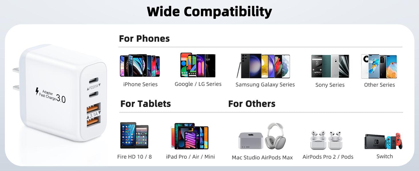 40W USB C Charger Block, 2 Pack 4-Ports Type C Fast Cubes PD USBC Wall Plug+QC 3.0 USB A, Multiple USB C Charger for iPhone 16/15/14/13/12/11 Pro Max/XS, Galaxy, iPad, Tablet, Pixel