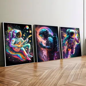 3-Piece Wood Frame Canvas, Space Astronaut Starry Sky Sci-Fi Triptych Posters, Modern Living Room Decor, Waterproof, No Odor
