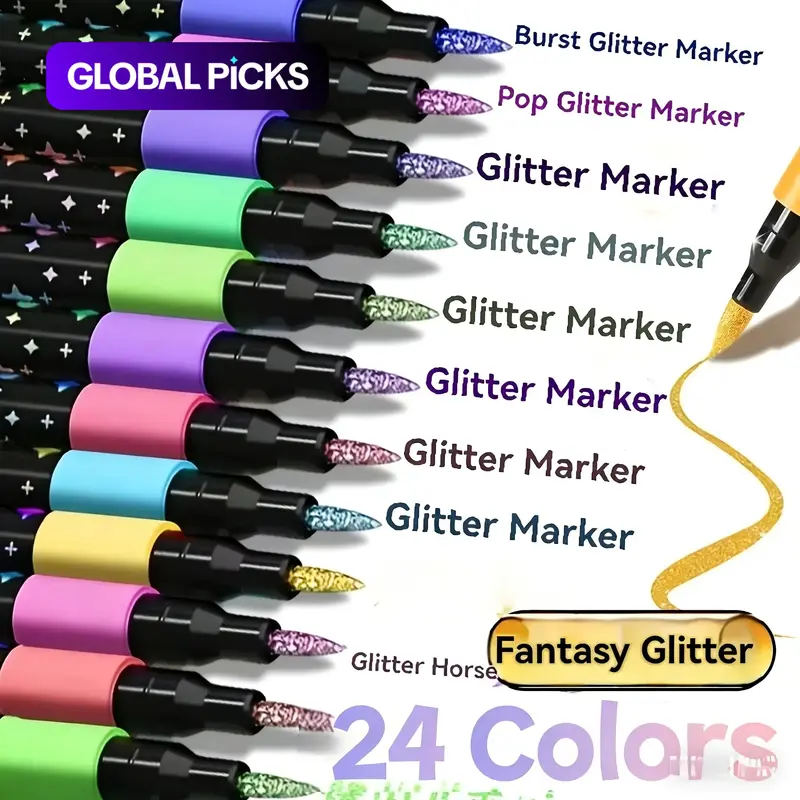 24 or 48 Dual-Ended Glitter Marker Pens, Quick-Dry Gel Ink Art Markers with Fine Tip, Ideal for Scrapbooking, Card Making & Journaling, Art Materials