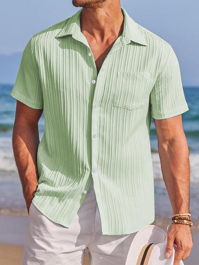 Men's Solid Color Short Sleeve Shirt, Casual Comfy Top for Beach Vacation, Men's Clothes for Summer