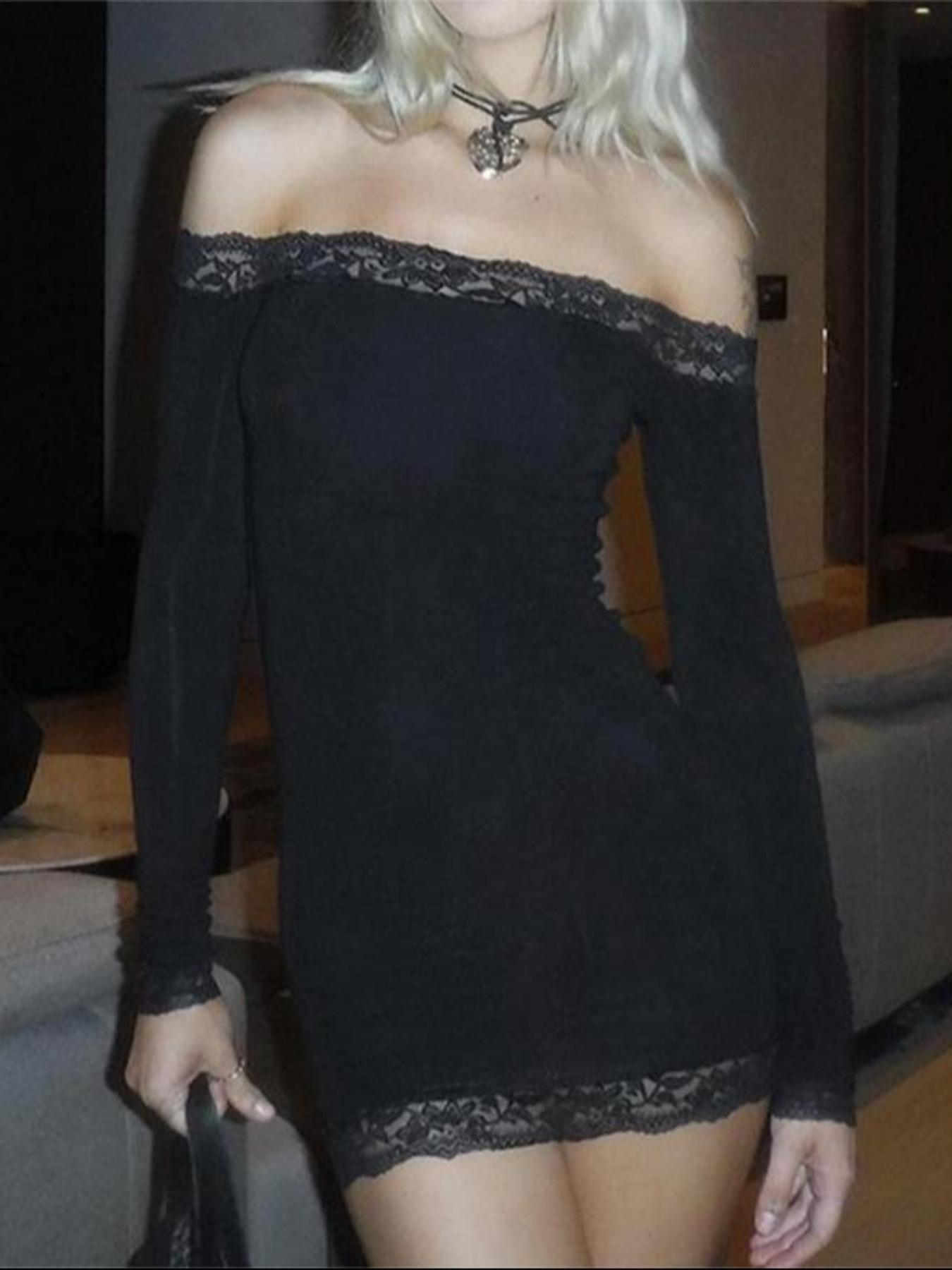 Women's Contrast Lace Off Shoulder Bodycon Party Dress, Elegant Long Sleeve Mini Dress for Parties, Clubs and Dating, Ladies Spring & Fall Clothes, Valentine's Day Gift for Her