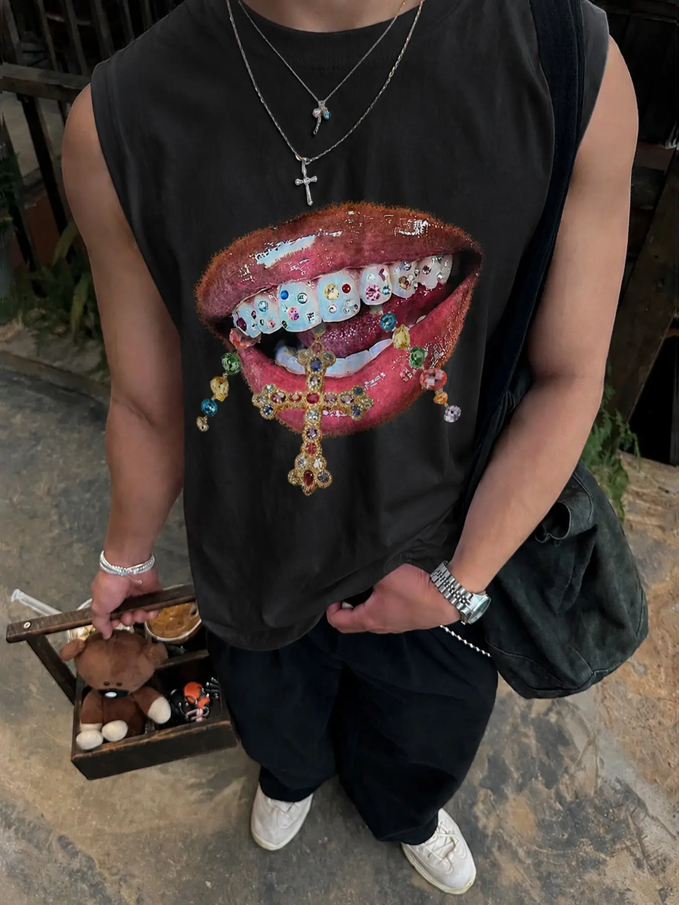 Vintage Hip-Hop Print Sleeveless Vest, Rhinestone Cross Pattern, Streetwear Loose Fit Round Neck Top, Unisex Summer Casual Fashion#MensFashion #SleevelessTank #MultipleColors #HipHopStreetwear #DiamondPrint #GymMuscleVest