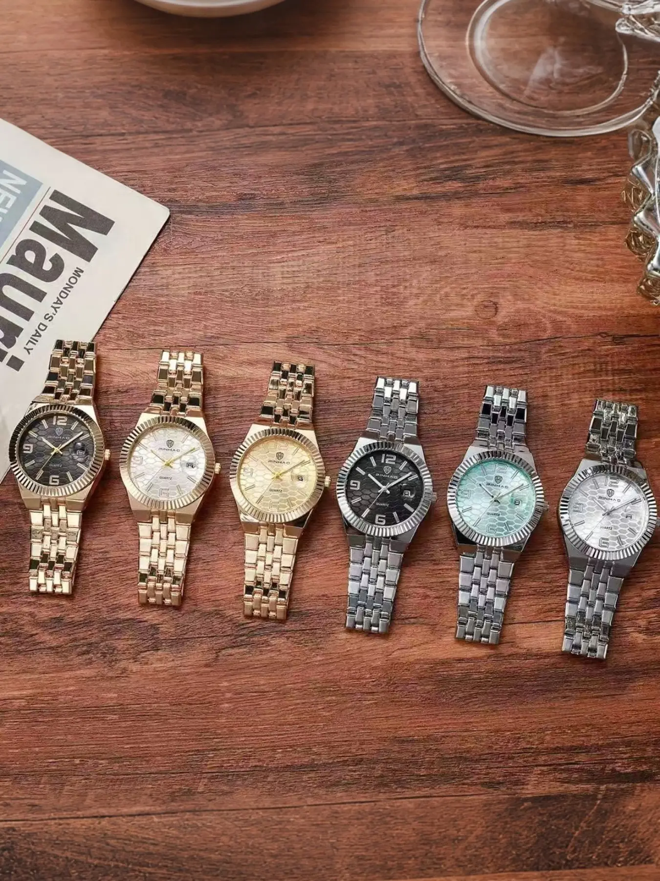 6pcs Luxury Men's Steel Band Watch, Clear Digital Time Display, Practical Calendar Function, Classic Design, Suitable for Daily and Business Use