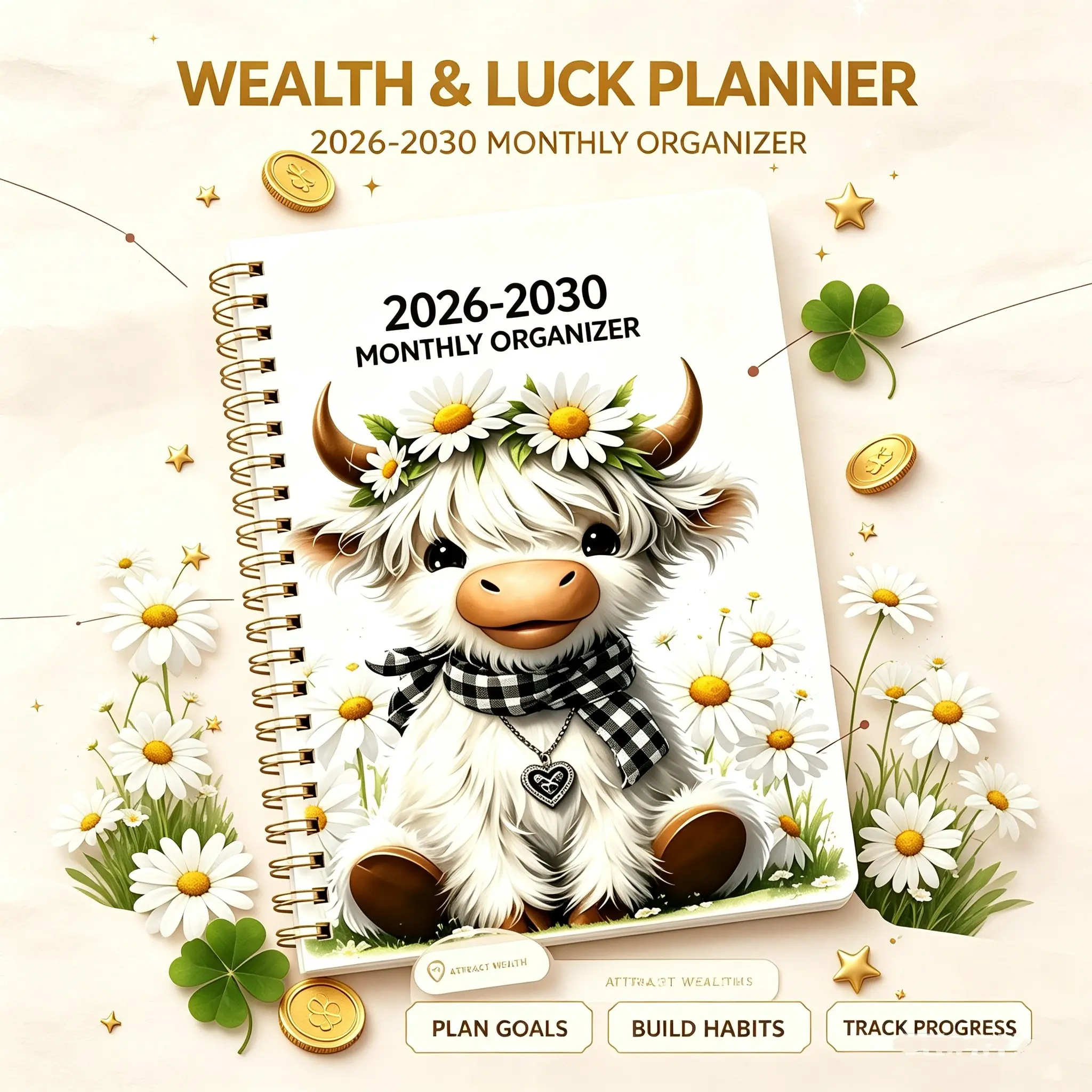 2026-2030 Calendar - From January 2026 to December 2030, 5-year calendar, cartoon Highland cow themed cover design, annual calendar planning, month labels, 60-month calendar, 13.97 cm X 21.08 cm, Planner Notebook, Monthly Planner, Yearly Planner