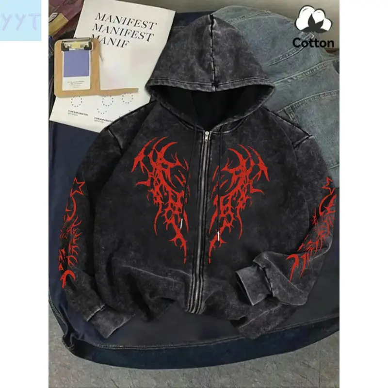 YYT1 Men's Authentic Vintage Look Full Zip-Up Long Sleeve Hoodie, Graphic Hoodies, Baggy Gothic Skeleton Wings Print, Heavyweight Cotton Faded Black Style Casual Fashion Streetwear Jacket – Perfect Fall/Winter