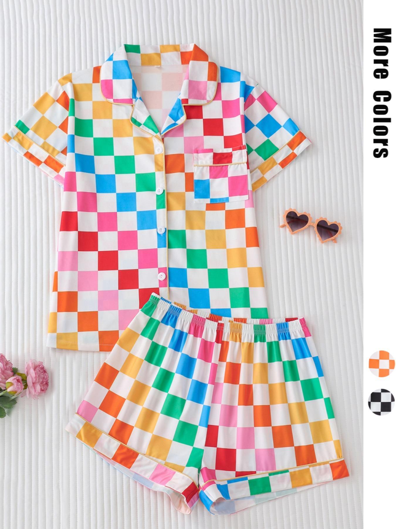 Women's Checkerboard Print Lapel Neck Pajama, Casual Comfy Short Sleeve Button Front Chest Pocket Design Top & Elastic Waist Shorts PJ Set, Ladies Summer Sleepwear Loungewear