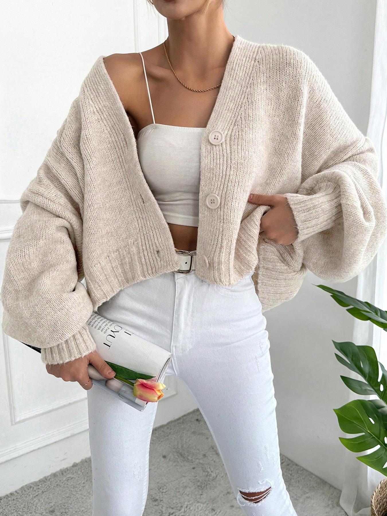 Women's Solid Color V-Neck Lantern Sleeve Cardigan, Casual Fashion Loose-Fit Knitted Cardigan for Fall & Winter, Button Front Design Knitwear