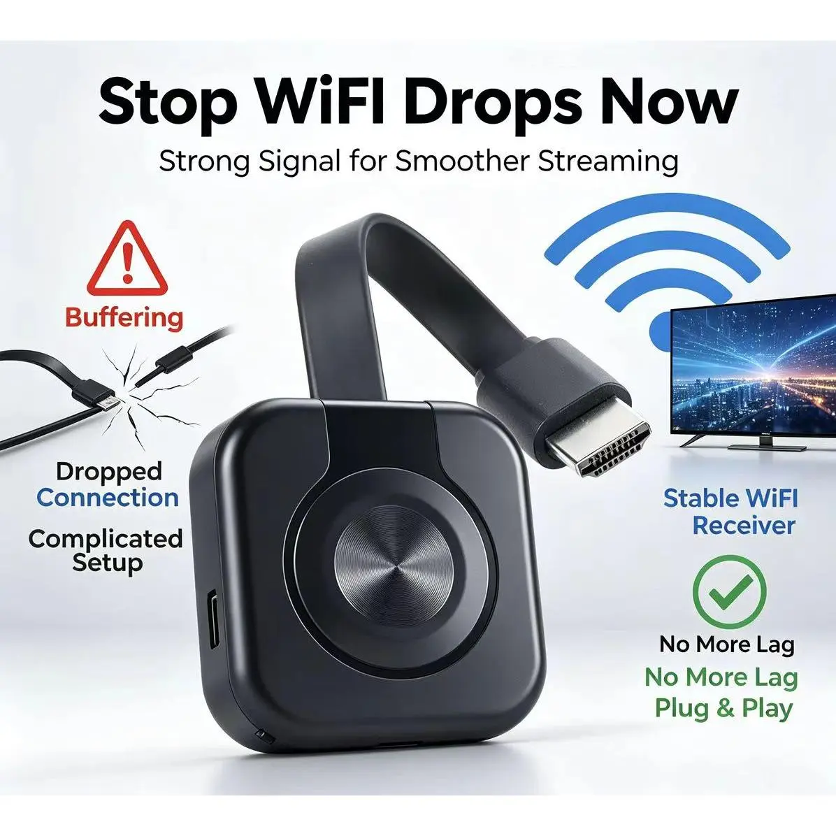Portable WiFi HDMI Adapter - Plug-and-Play Receiver & Transmitter for Mobile Devices, Smartphones, iOS, Android, PC, Smart TVs, Full HD 1080p No-Cable Screen Mirroring Accessory for Home Cinema, Watch Party