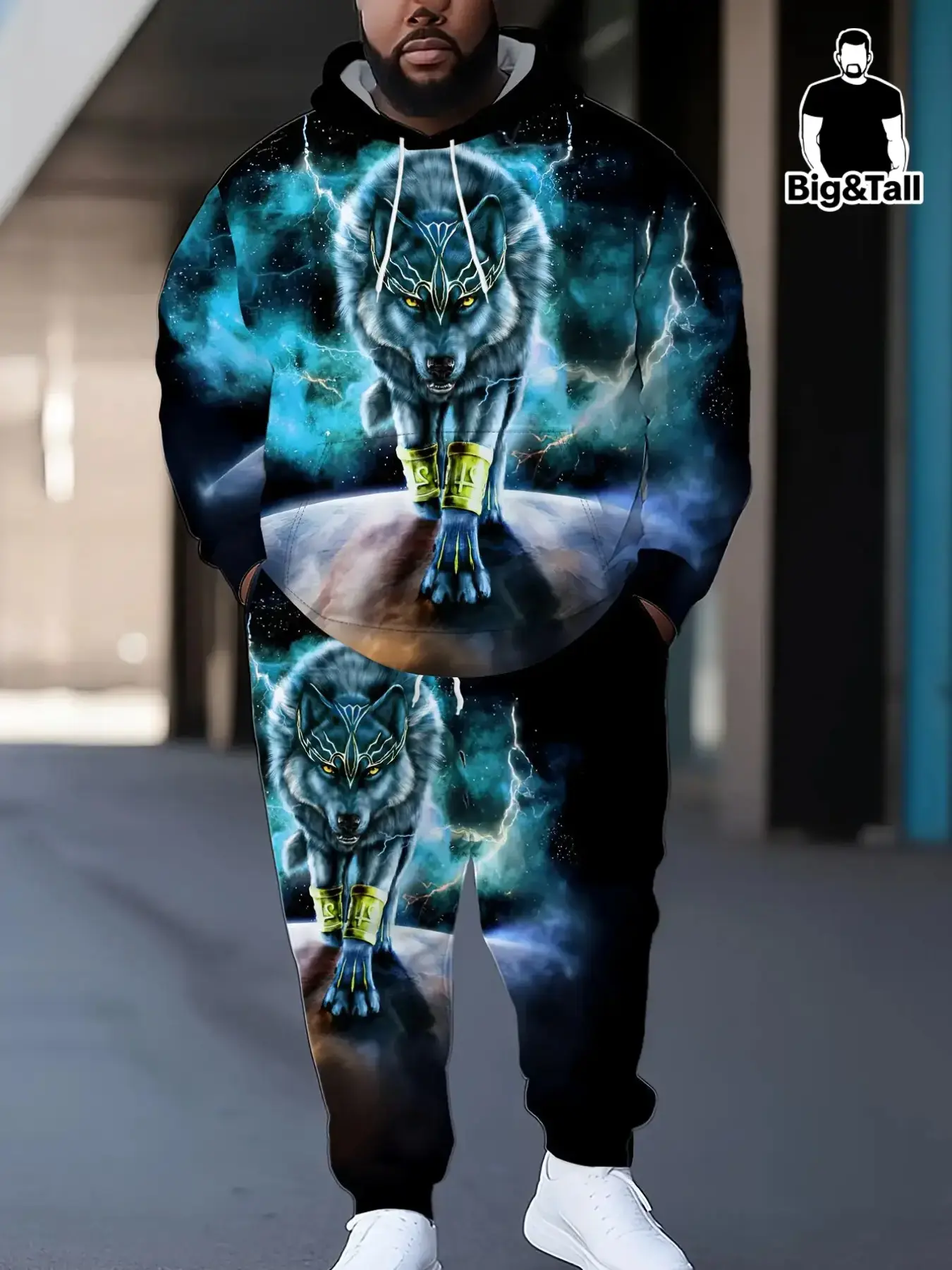 Men's 3D Full Print Hooded Sports Set, Graphic Tracksuit Set, Casual Tracksuits, Starry Sky Lightning Magic Wolf King, Large Size, Casual Fall & Winter Wear, Asymmetrical Design
