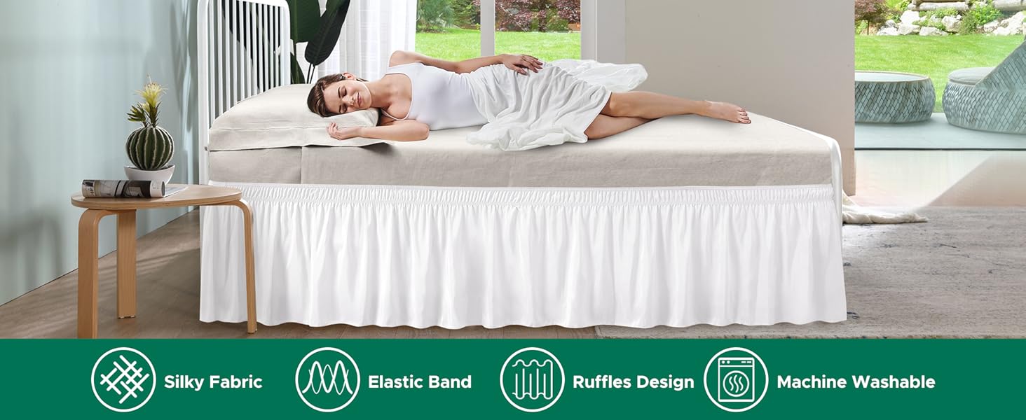 Wrap Around Bed Skirts for Queen Size Beds with 18" Long Drop, White Elastic Dust Ruffles Wrinkle & Fade Resistant Luxurious Machine Washable