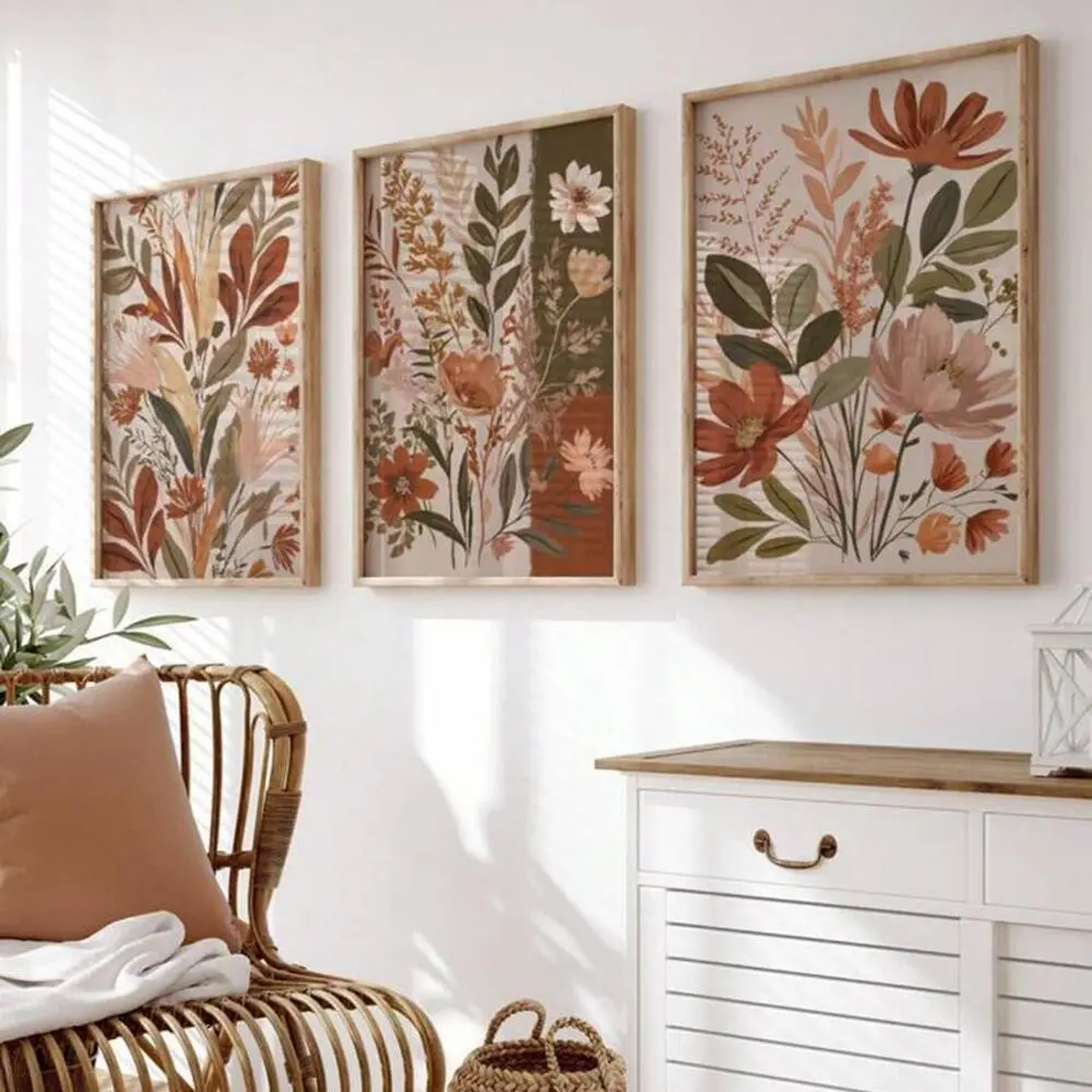 3 Pieces Vintage Earth Tone Sage Green Botanical Art, Art Canvas Prints, Boho Floral Flower Wall Art Wall Mural, Natural Spring Home Art, Gallery Decor, Green Tone Poster, Decoration Items, Wall Decor for Home, Framed or Unframed