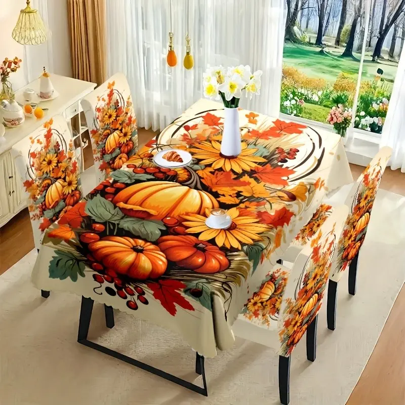 Thanksgiving Chair Covers and Tablecloth Set, Pumpkin and Maple Leaf Design, 4pcs, 5pcs, 6pcs, 7pcs, Indoor Outdoor Party Decor, Reusable Gift