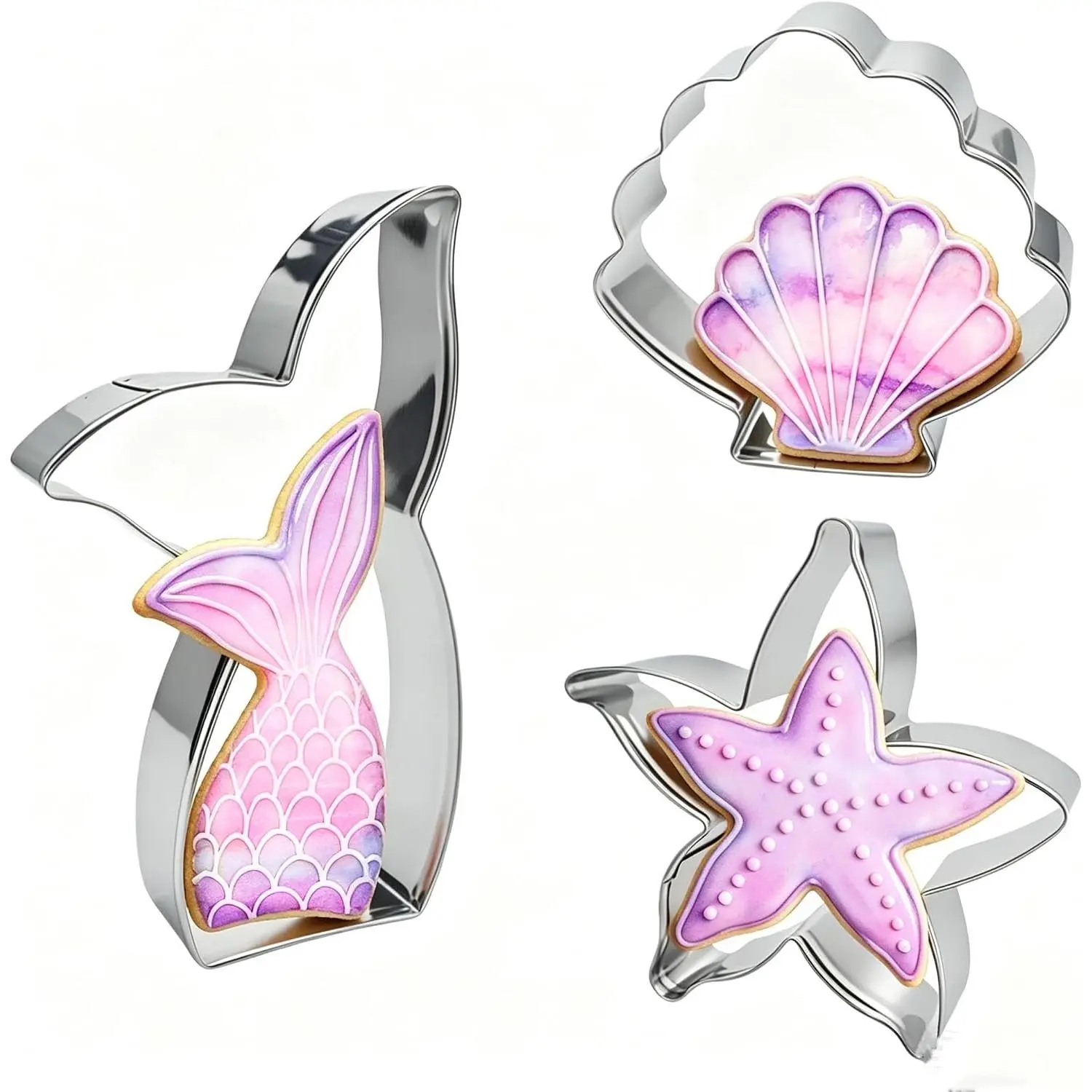 Mermaid Cookie Cutters,Mermaid tail, Starfish, Seashell-Stainless Steel Holiday Cookie Cutters Shapes for Baking Gift